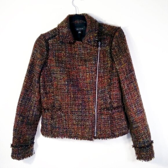 Dark/Bright Multicolor Distressed Seams Tweed Moto Style Short Jacket Size 0 - Picture 7 of 7